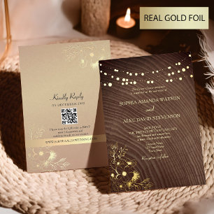 Lichterketten und Scheunenholz-Hochzeit Gold Folieneinladung