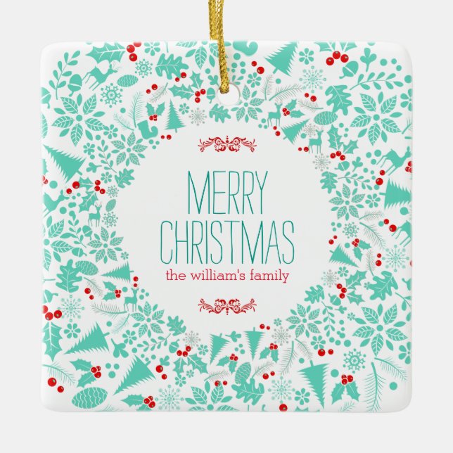 Lichtgrüner Weihnachtskranz frohe Weihnachten Keramikornament (Vorderseite)