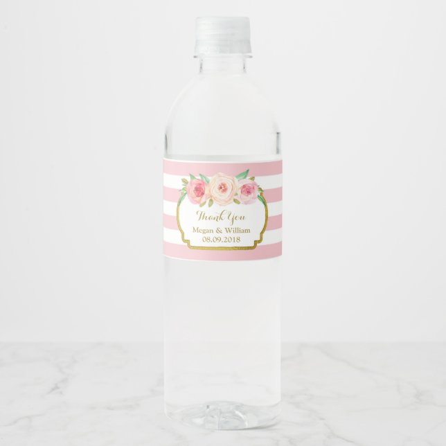 Lichtrosa Streifen Floral Gold Flasche Etikett (Vorderseite)