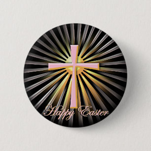 Lichtstrahlen aus dem religiösen Kreuz (auf schwar Button