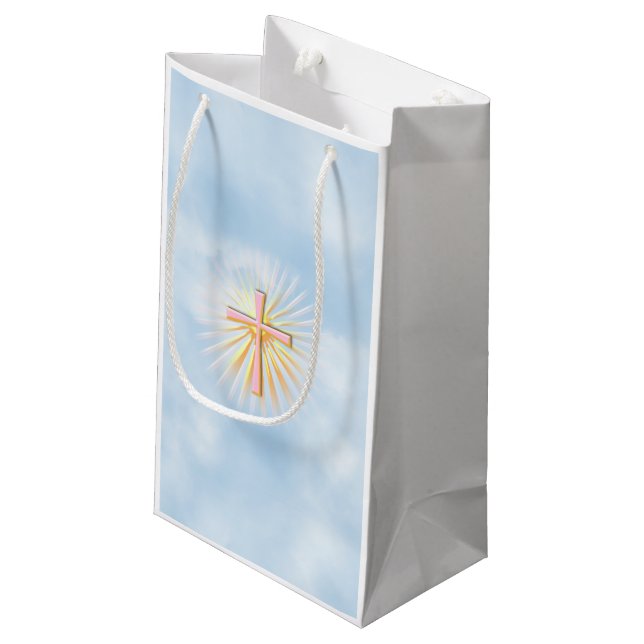 Lichtstrahlen aus dem religiösen Kreuz Kleine Geschenktüte (Rückseite Schrägansicht)