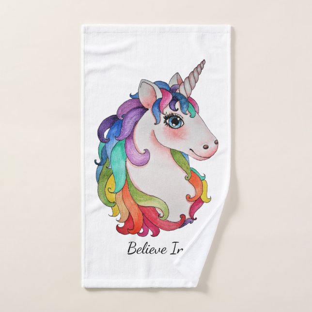Licorne d'aquarelle avec des cheveux d'arc-en-ciel (Serviette à main)