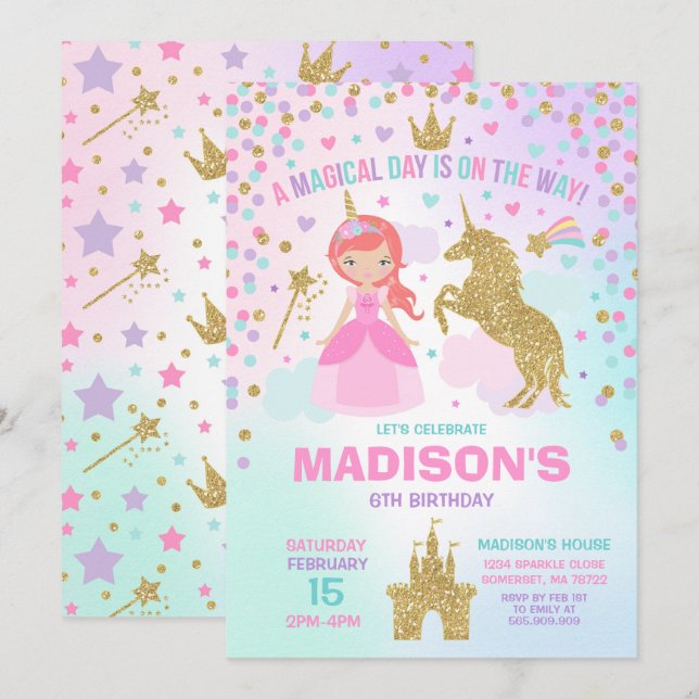 Licorne et princesse Invitation Magical Birthday (Devant / Derrière)