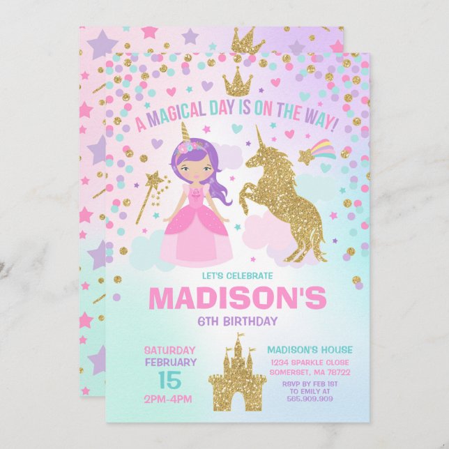 Licorne et princesse Invitation Magical Birthday (Devant / Derrière)