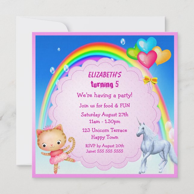 Licorne, princesse Kitty et invitations de partie (Devant)