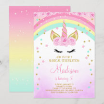 Licorne Rose Invitation Avec Étoiles Dorées