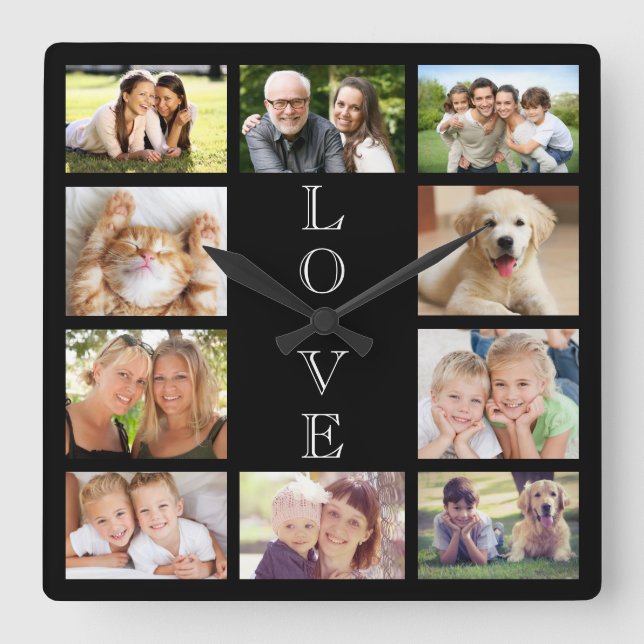Liebe 10 FotoCollage Black Quadratische Wanduhr (Vorderseite)