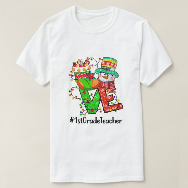 LIEBE 1. Klasse Lehrer Snowman Weihnachtsmannmütze T-Shirt (Design vorne)