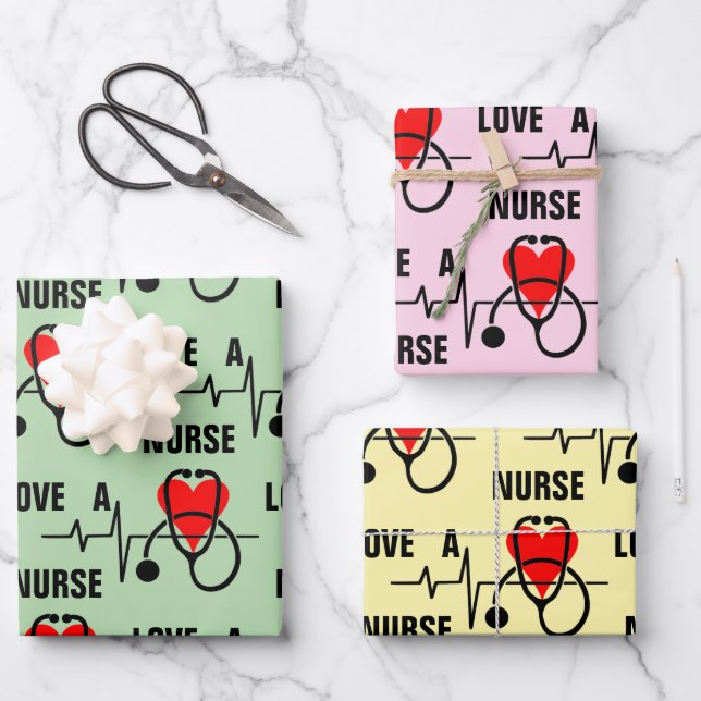Liebe a Nurse Heart Stethoscope Design Geschenkpapier Set (Vorderseite)