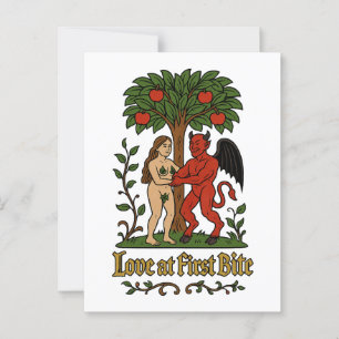 Liebe am ersten Bite - Mittelalter Teufel und Eve  Postkarte