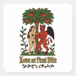 Liebe am ersten Bite - Mittelalter Teufel und Eve  Quadratischer Aufkleber