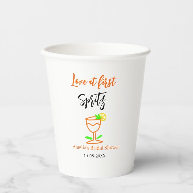 Liebe am ersten Spritz Orange Black Brautparty GL Pappbecher (Vorderseite)