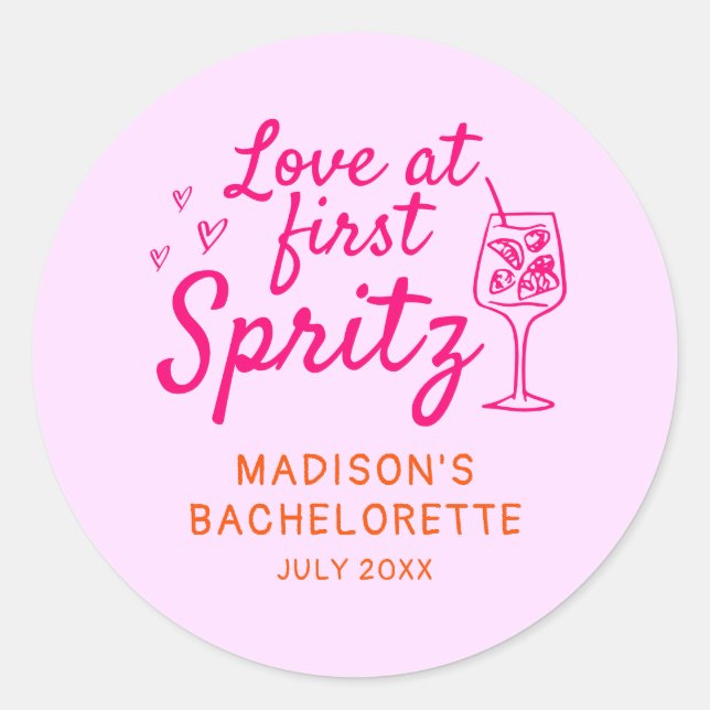 Liebe am ersten Spritz Pink Orange Bachelorette Runder Aufkleber (Vorderseite)