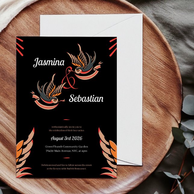 Liebe anpassen Schlucken Tattoo Rockabilly Hochzei Einladung (Retro rockabilly Wedding Invitation with card, with tattoo style love swallows on black background.)