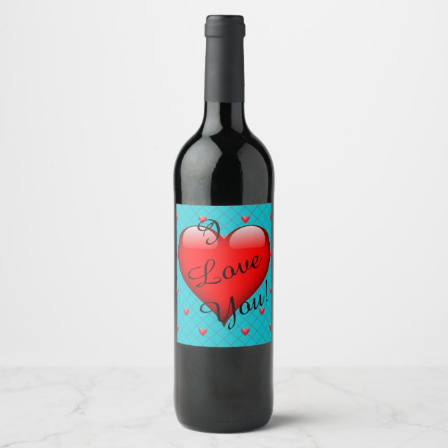 Liebe Aqua und Rotes Herz Romantische Weinetikett (Vorderseite)