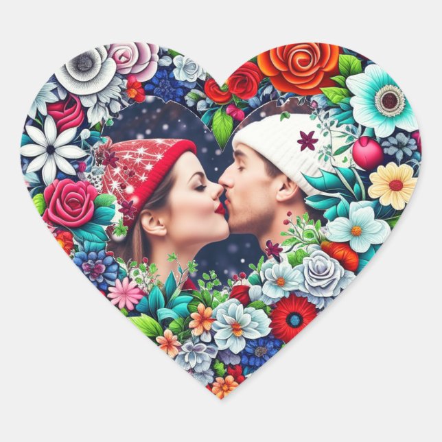 Liebe | Aquamarines und rotes Blumenherz mit Paare Herz-Aufkleber (Vorderseite)
