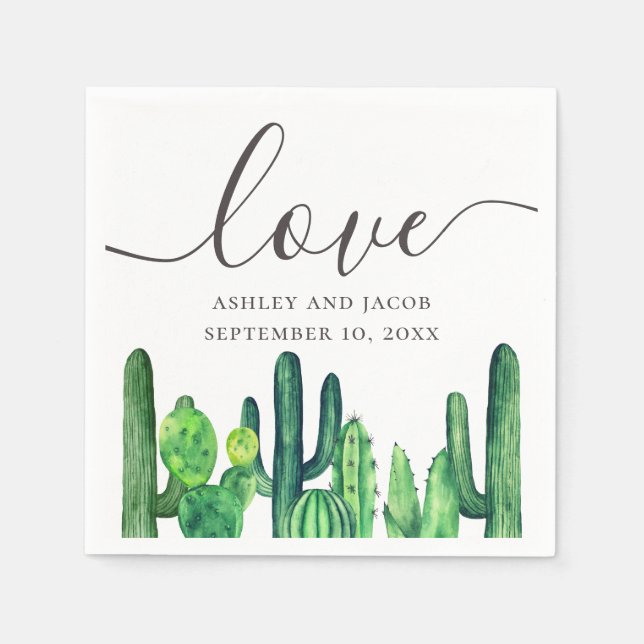 Liebe. Aquarellgrüner Kaktus. Botanische Hochzeit Serviette (Vorderseite)