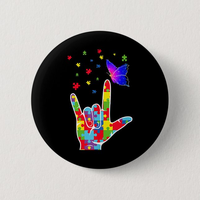 Liebe ASL Zeichensprache Puzzle Butterfly Autismus Button (Vorderseite)