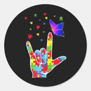 Liebe ASL Zeichensprache Puzzle Butterfly Autismus Runder Aufkleber