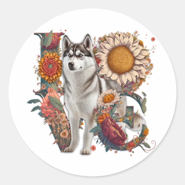 LIEBE aus der Wildblume der Husky-Sonnenblumen Runder Aufkleber (Vorderseite)