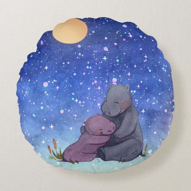Liebe, Baby Hippo und ihre Mutter Rundes Kissen (Vorderseite)
