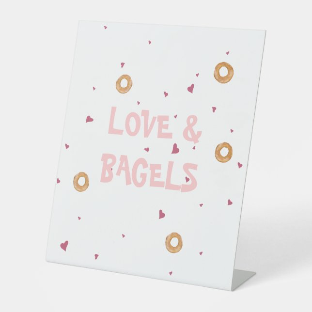 "LIEBE & BAGELS" | Niedlicher Spaß weiß und rosa Sockelschild (Vorderseite)