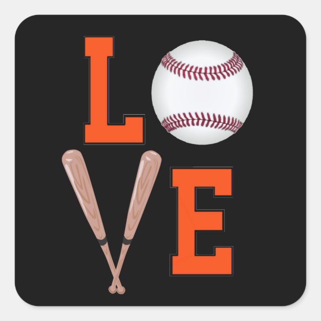 Liebe Baseball (Orange & Schwarz) Quadratischer Aufkleber (Vorderseite)