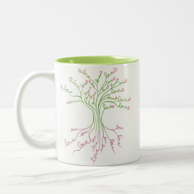 Liebe Baum des Lebens Kunst Niedliches Grün rosa H Zweifarbige Tasse (Links)