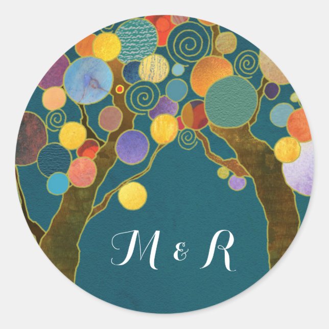 Liebe Bäume Aquamarine HochzeitMonogramme Runder Aufkleber (Vorderseite)