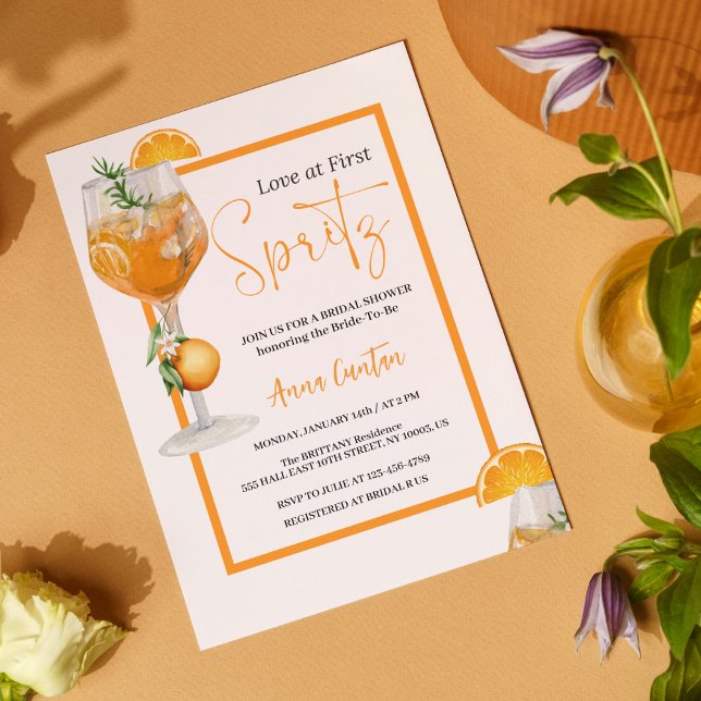 Liebe bei First Spritz Brautparty Cocktail Modern Einladung (Love at First Spritz Bridal Shower Invitation, Aperol Invite, Citrus Bridal Brunch Orange citrus)