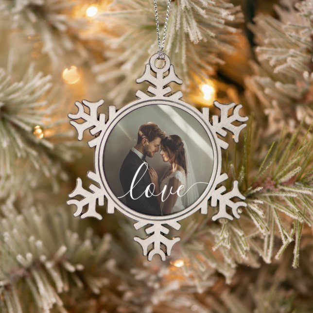 "Liebe" Benutzerdefiniertes Foto Schneeflocken Zinn-Ornament (Baum)
