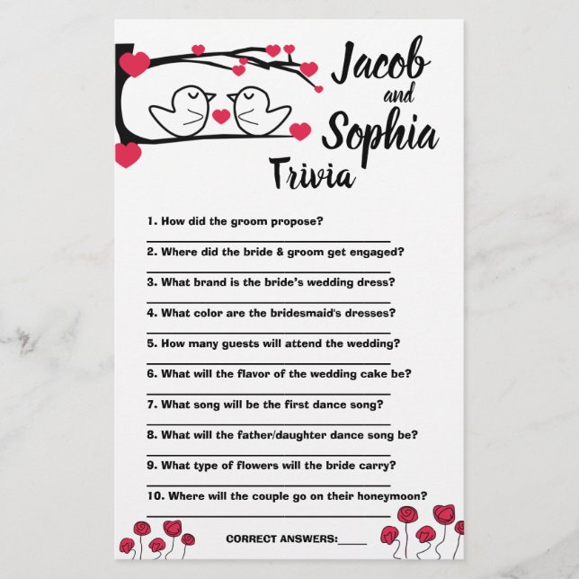 LIEBE BIRD BRIDE & GROOM TRIVIA DUSCHSPIELKARTE FLYER (Vorne)