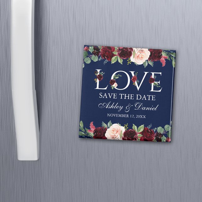 Liebe Blue Burgundy Wasserfarbe Save the Date Magnet (Customize to change your personalized text size, text style or background color.)