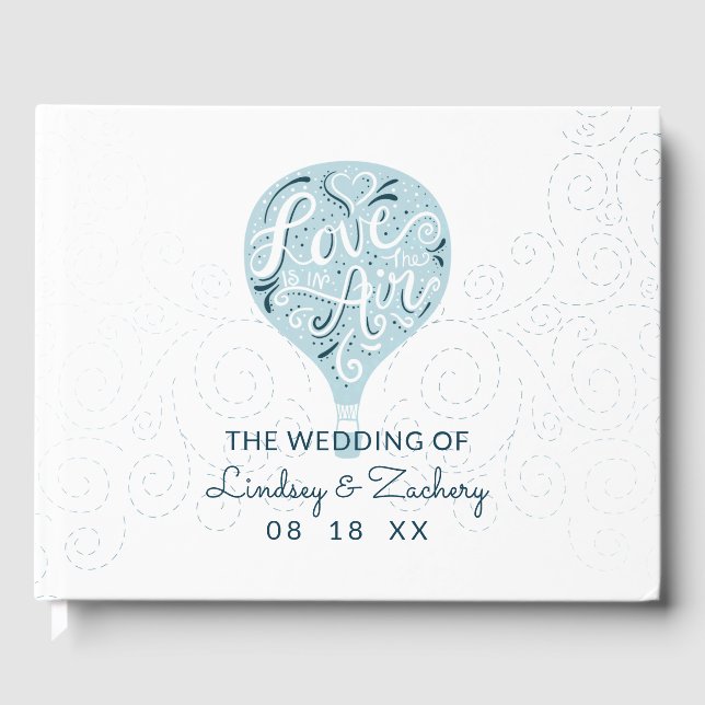 Liebe Blue Hot Air Ballon Hochzeit mit Handschrift Gästebuch (Vorderseite)