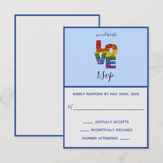 LIEBE Blue Themed Same Wedding RSVP Card Karte (Vorne/Hinten)