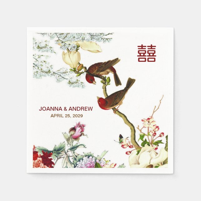 Liebe Blühend Vögel & Blume Chinesische Hochzeit © Serviette (Vorderseite)