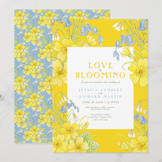 Liebe blüht Frühling Blume gelbe Hochzeit Einladung (Vorne/Hinten)