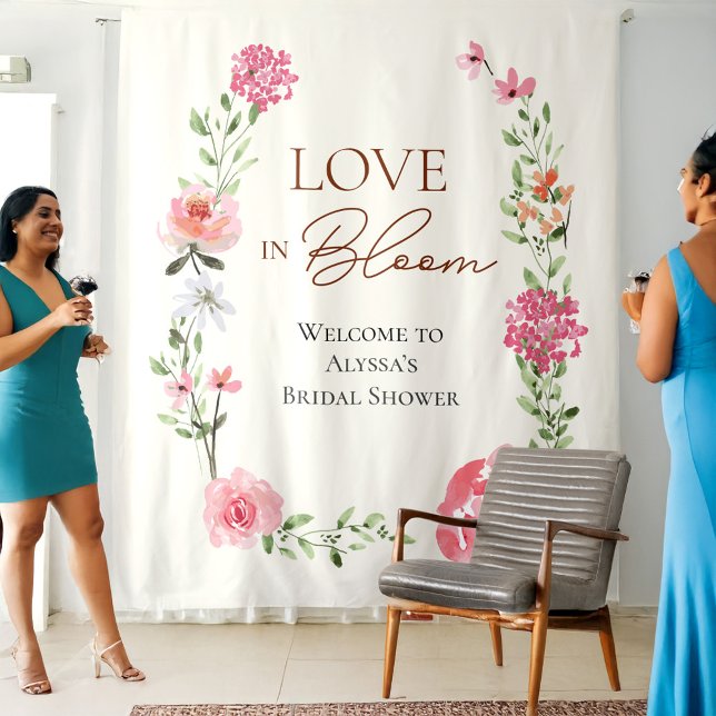 Liebe Blümflora Brautparty Begrüßungszeichen Wandteppich (Customizable Love in Bloom Bridal shower floral Spring photo backdrop tapestry sign.)