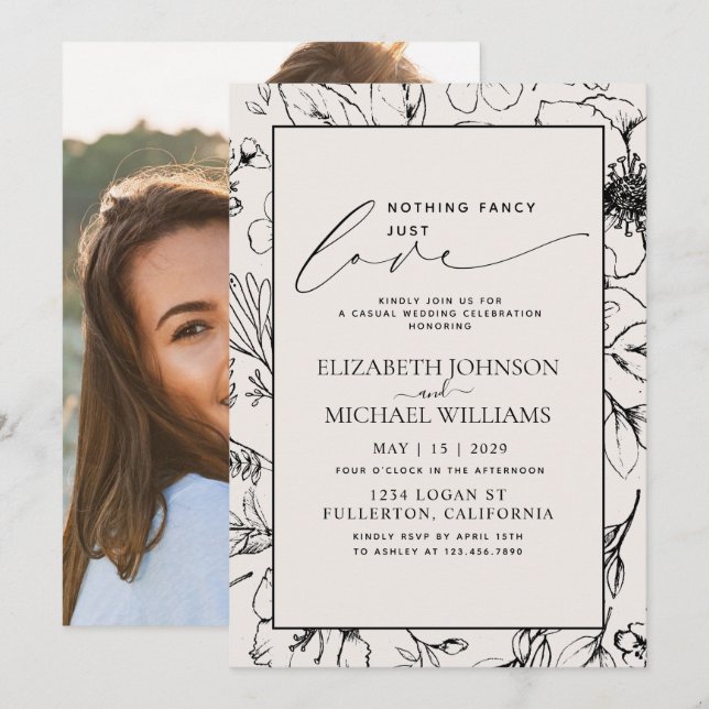 Liebe Blush Black Botanical Foto Hochzeit Einladung (Vorne/Hinten)