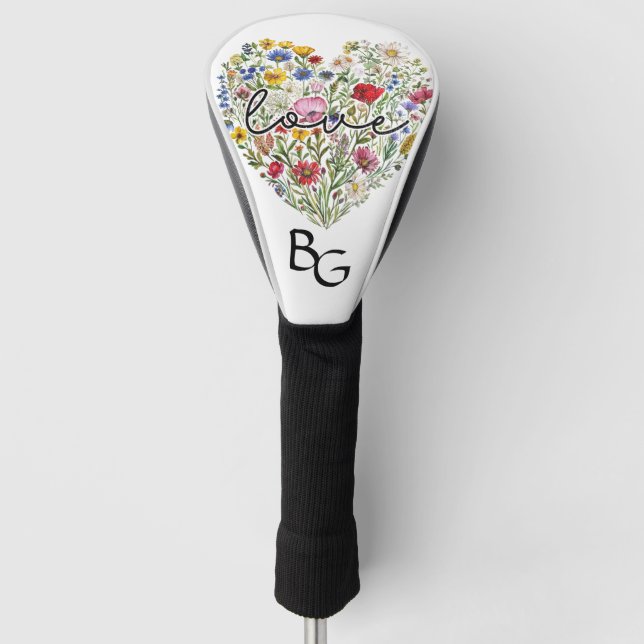 Liebe Blüten: Herz-geformt Floralkunst Monogramm Golf Headcover (Vorderseite)