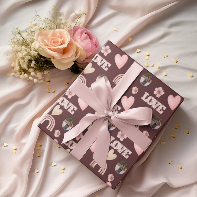 Liebe Boho Rainbow Foto Wrapping Paper Geschenkpapier (Celebrate your love with this personalized photo boho watercolor rainbow wrapping paper! )