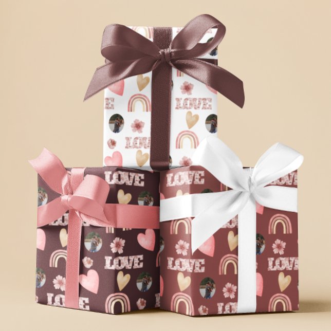 Liebe Boho Rainbow Foto Wrapping Paper Geschenkpapier Set (Celebrate your love with these personalized photo boho watercolor rainbow wrapping paper sheets! )