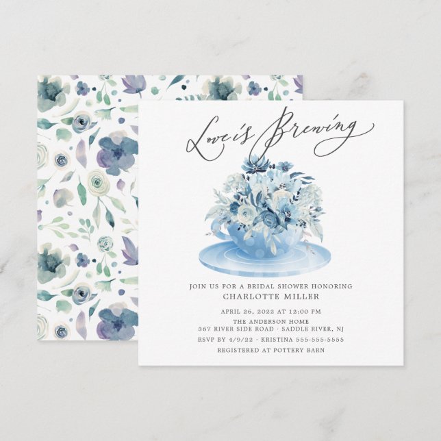 Liebe Brauen Blue Floral Bridal Teedusche Einladung (Vorne/Hinten)