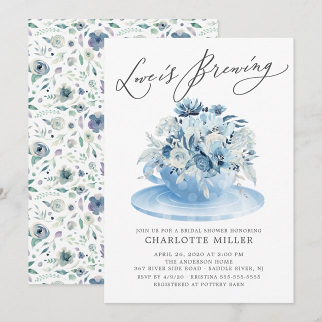Liebe Brauen Blue Floral Bridal Teedusche Invi Einladung (Vorne/Hinten)