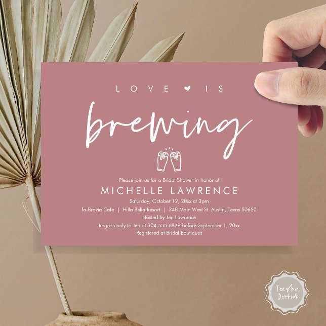 Liebe braut, Bier-Party-Brautparty Einladung (Love is Brewing, Bridal Shower Invitation Card, PDF, Beer Brew Party Celebration, Dusty Rose Pink)