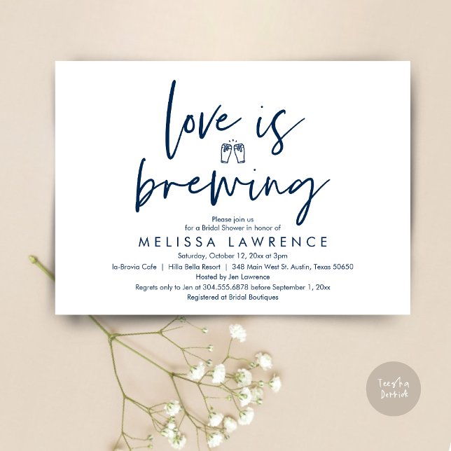Liebe braut, Bier-Party-Brautparty, Marine Einladung (Love is brewing, Beer Party Bridal Shower Invitation Card, PDF, in Navy Blue)