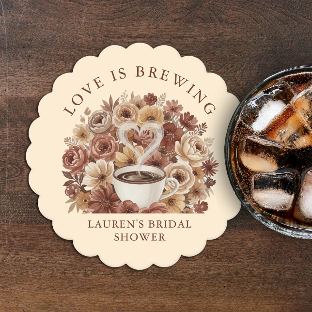 Liebe Braut Braunes Florales Kaffeeherz Untersetzer (Love is Brewing Brown Floral Coffee Heart Bridal Paper Coaster
)