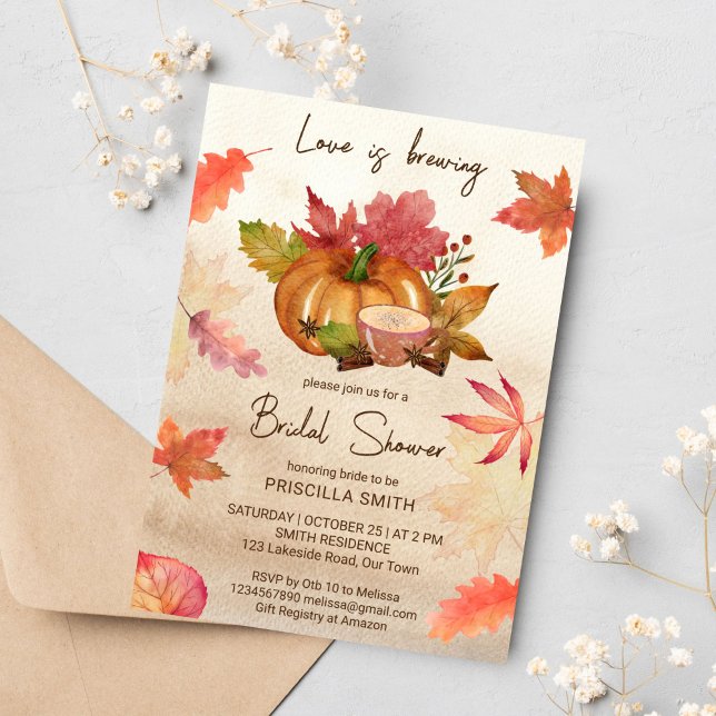 Liebe braut Herbst Brautparty Einladung (Love is brewing fall bridal shower template invitation watercolor pumpkin cup of tea maple leaves)