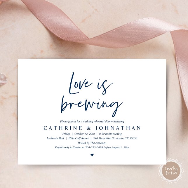 Liebe Braut, Hochzeit Probe Dinner Invitati Einladung (Love is Brewing, Wedding Rehearsal Invitation Card, pdf, Beer Wine Party, in Navy Blue)