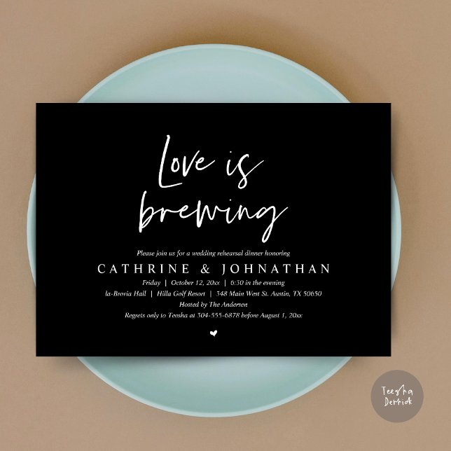 Liebe Braut, Hochzeit Probe Dinner Invitati Einladung (Love is Brewing, Wedding Rehearsal Invitation Card, pdf, Beer Wine Party, in Elegant Black)